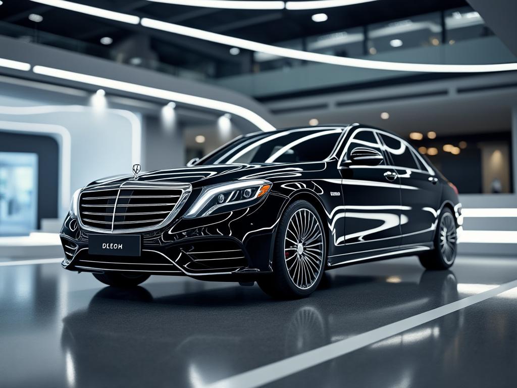 Coche de lujo negro en una sala de exposición moderna con líneas de diseño elegante.