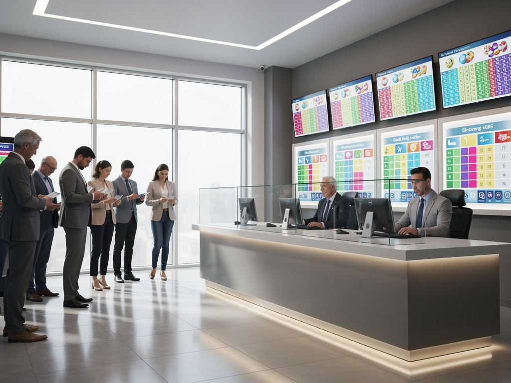 Oficina moderna de atención al cliente con empleados, clientes y pantallas digitales de información
