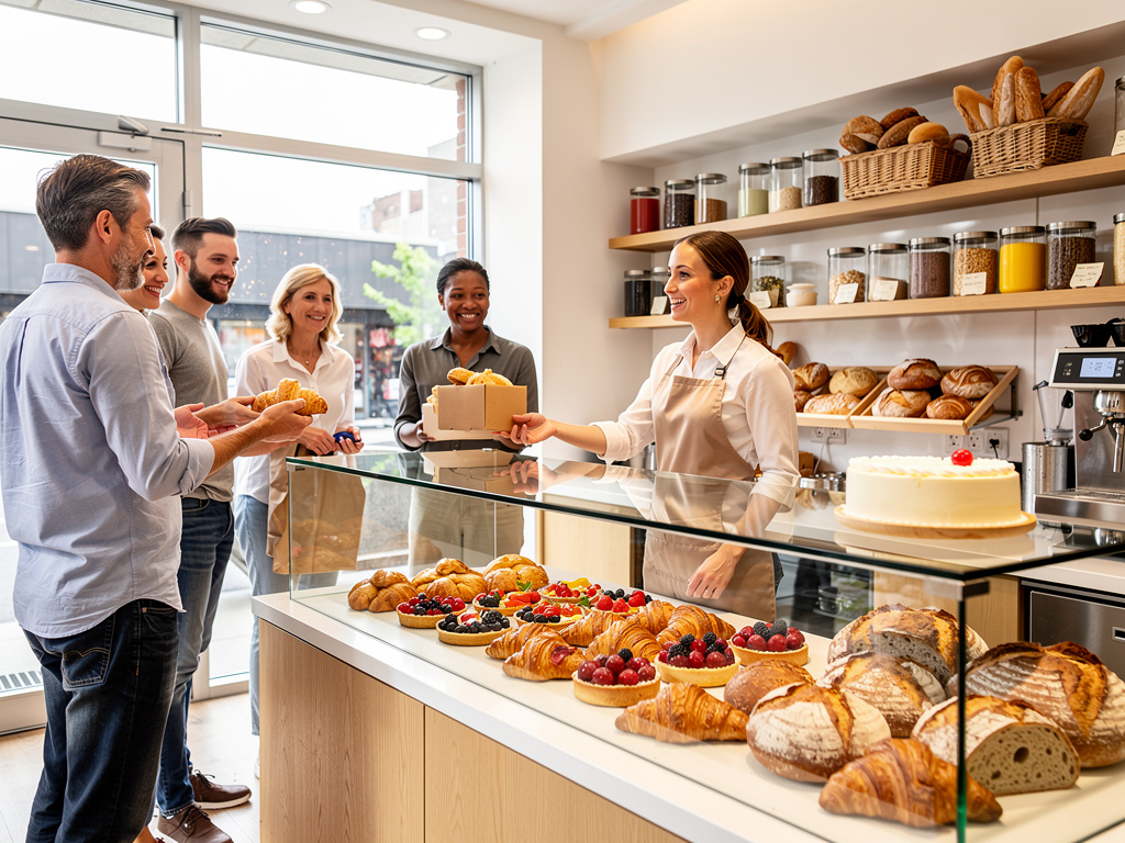Clientes comprando pan y pasteles frescos en una panadería moderna con vitrina llena de croissants, tartas y panes artesanales