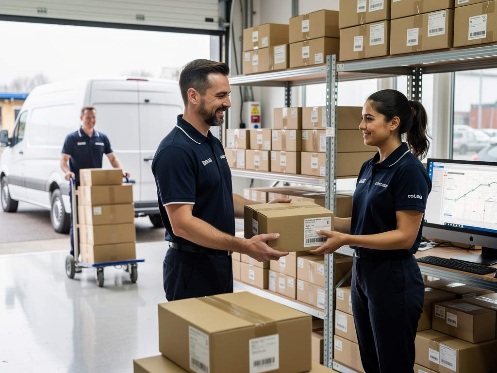 Empleados de almacén entregando paquetes en centro logístico con estanterías, furgoneta de reparto y cajas etiquetadas