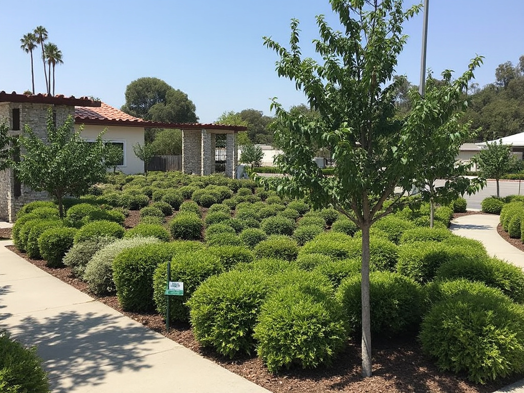 Lush garden with neatly trimmed bushes, small trees, and a modern building with a red-tiled roof under a clear blue sky.