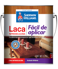 La LACA DE NITROCELULOSA FACIL DE APLICAR Acabado Brillante de Sherwin Williams es una laca formulada a partir de resinas de nitrocelulosa, de facil aplicacion que embellece cualquier tipo de superficie de madera expuesta en interiores.