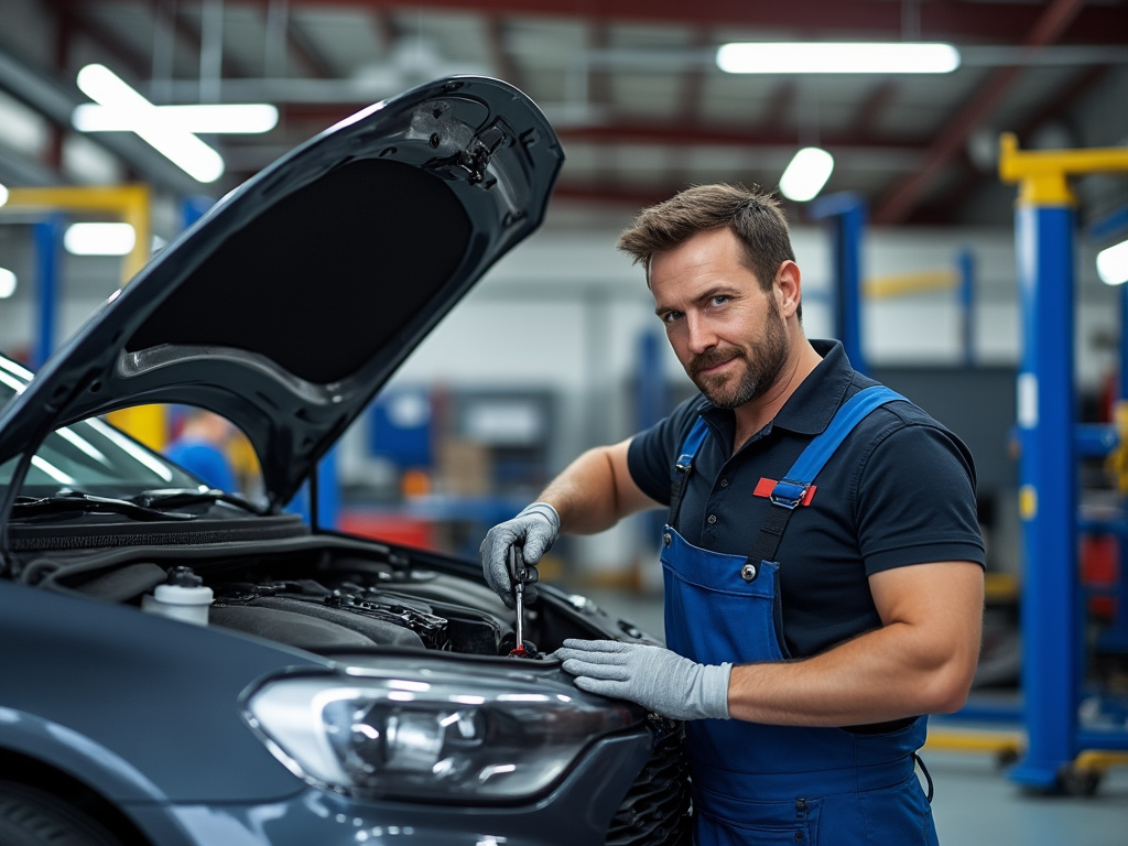Mecánico arreglando el motor de un automóvil en un taller, vistiendo un mono azul.