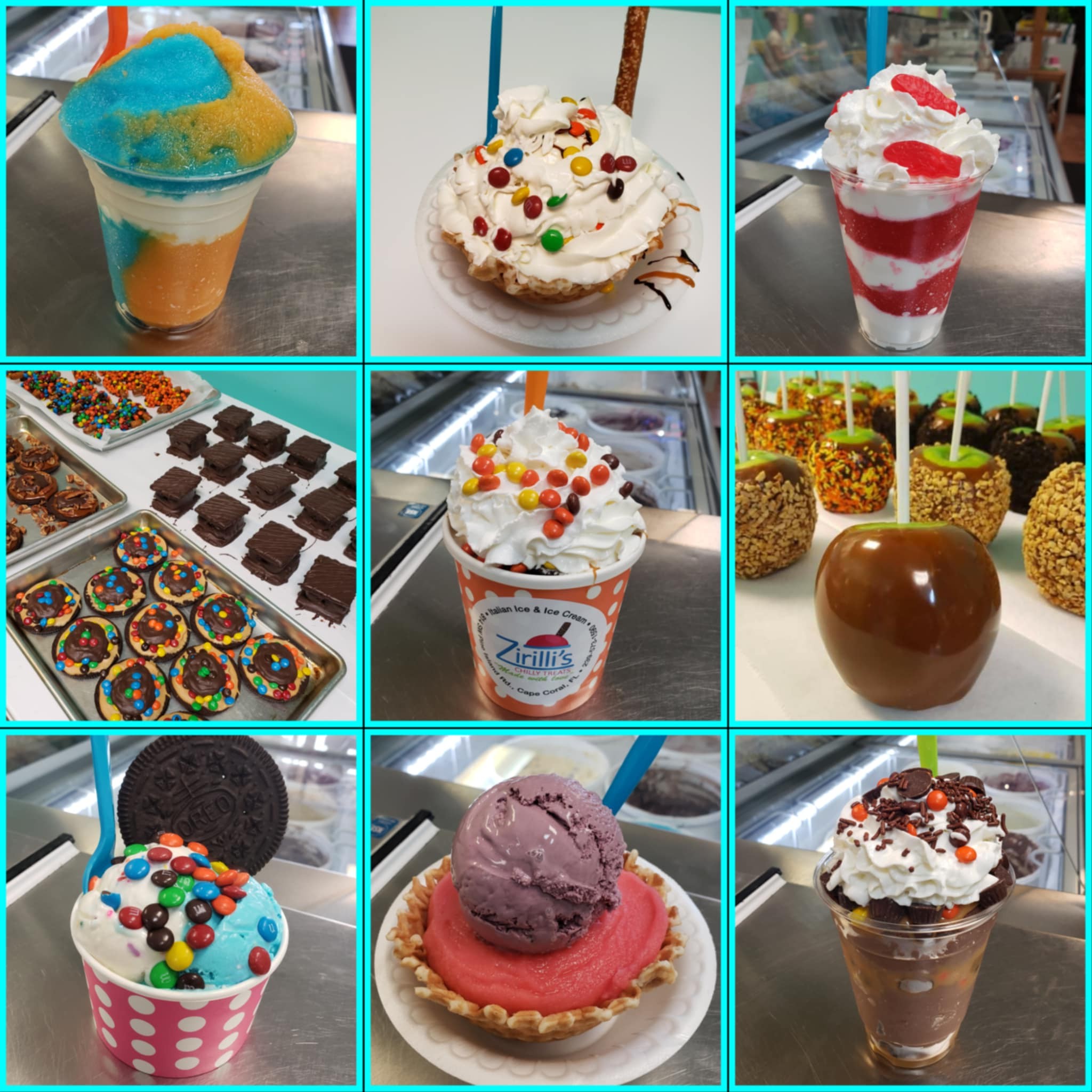 Collage of various ice cream and shaved ice desserts with a container of Snyder's pretzel rods, featuring colorful cups and cones.