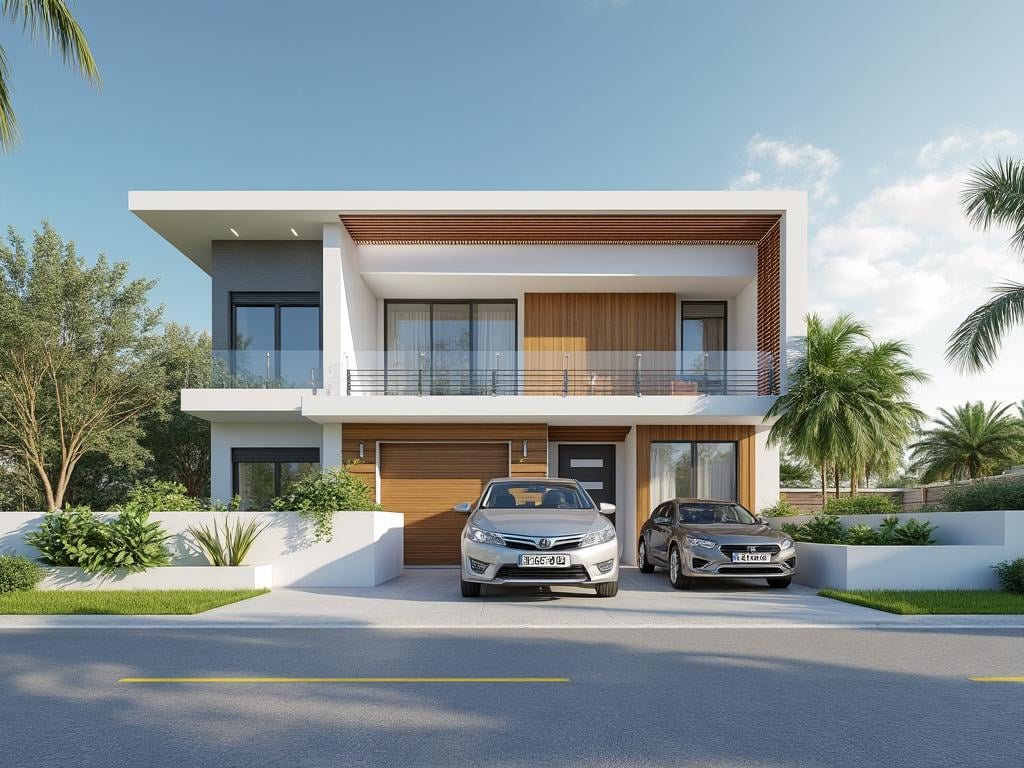 Casa moderna de dos pisos con fachada blanca y detalles en madera, rodeada de palmeras y dos coches estacionados al frente. Casa moderna de dos pisos con fachada blanca y detalles en madera, rodeada de palmeras y dos coches estacionados al frente.