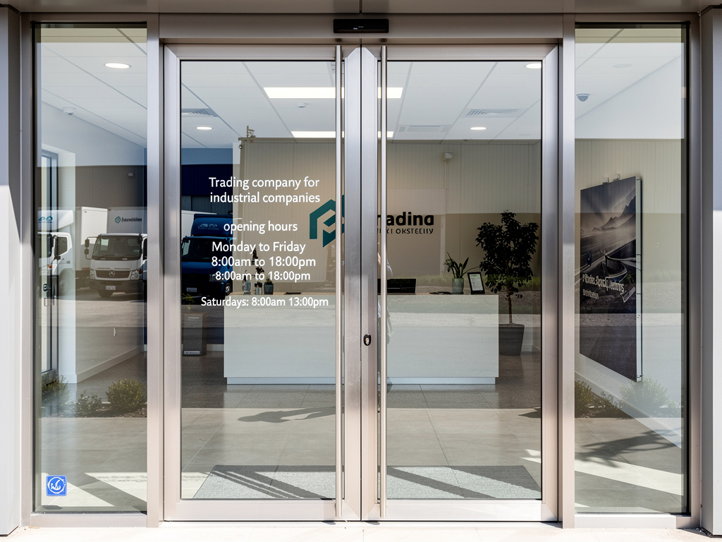 Entrada con puertas automáticas de cristal a oficina de empresa comercial industrial con horario de apertura visible