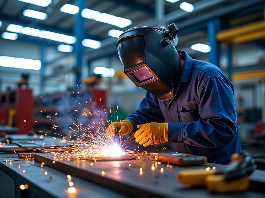 Trabajador con máscara de soldadura realizando una soldadura en un taller industrial.