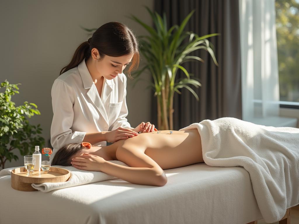 Massage therapist performing a relaxing treatment on a woman lying on a table covered with a towel in a peaceful spa setting.