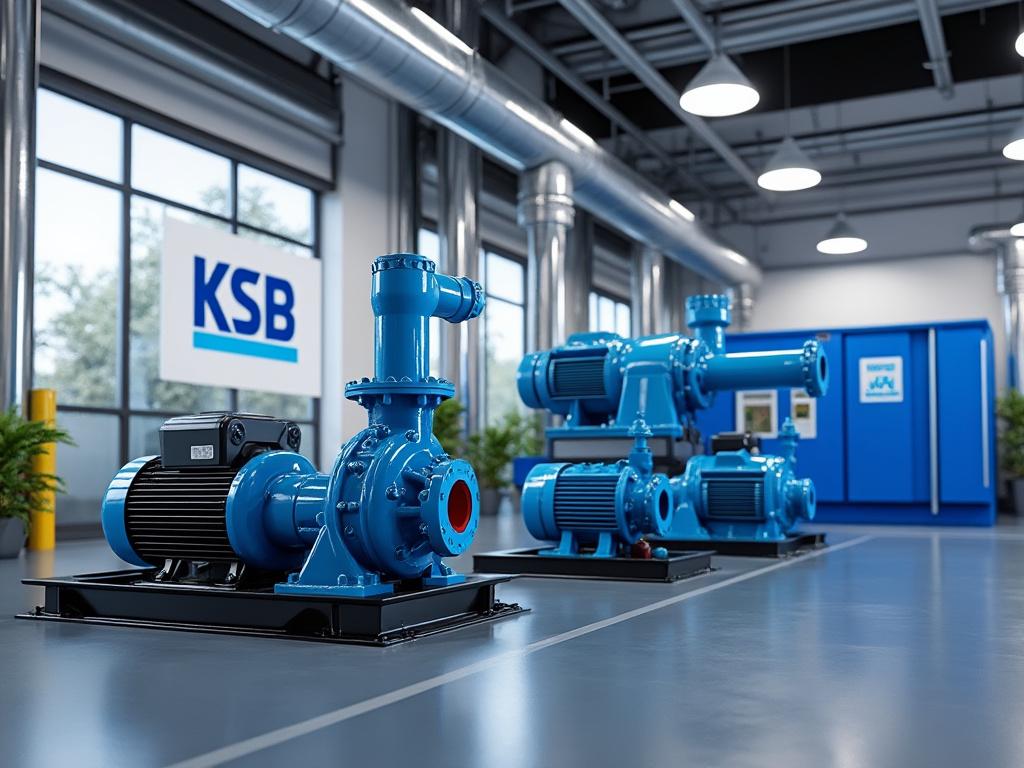 High-tech blue industrial pumps in a modern facility with KSB signage, featuring advanced piping and machinery. High-tech blue industrial pumps in a modern facility with KSB signage, featuring advanced piping and machinery.