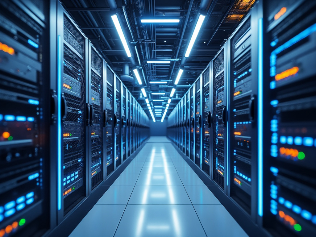 Modern data center featuring rows of server racks with glowing blue lights and overhead cable management.