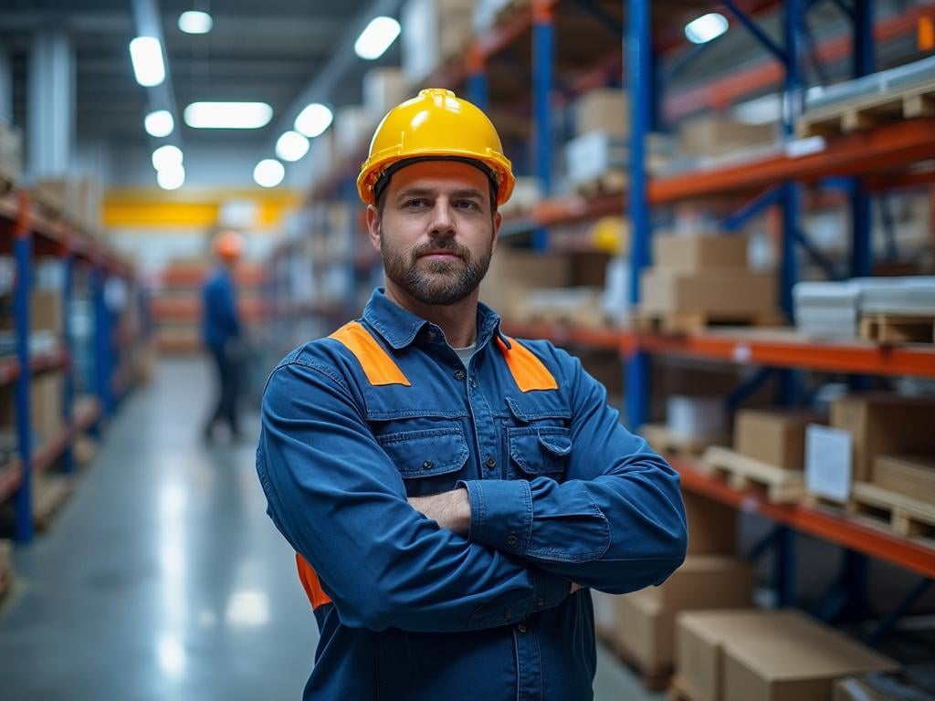 Trabajador de almacén con casco amarillo y uniforme azul, cruzado de brazos en un pasillo con estanterías y cajas.