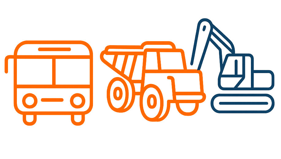 Ilustración de vehículos comerciales y de construcción en líneas, incluyendo un autobús, un camión y una excavadora.