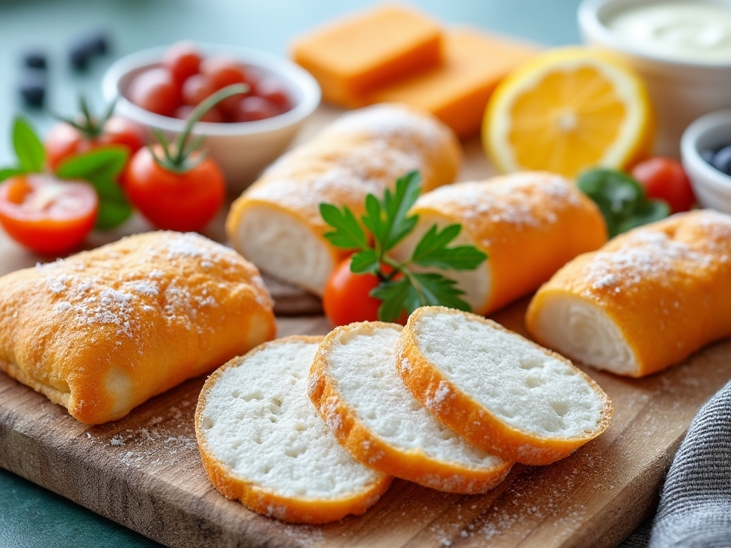 Tabla de madera con pan recién horneado, tomates cherry, rodajas de limón y ramitas de perejil.