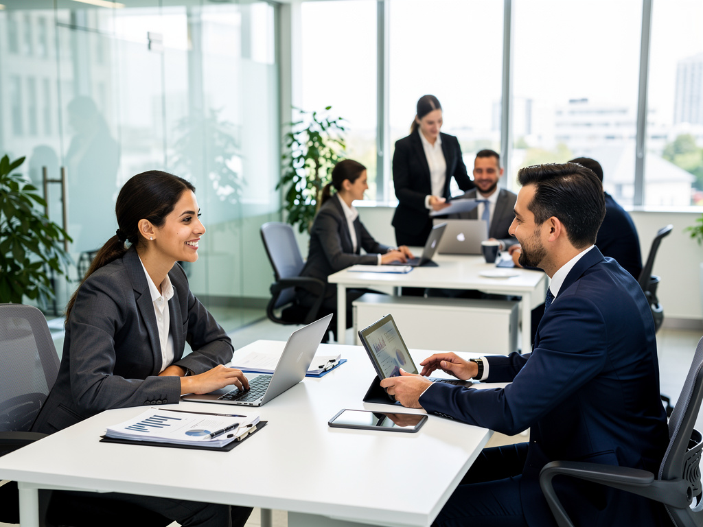 Equipo de profesionales en reunión de negocios usando portátiles y tabletas en una oficina moderna