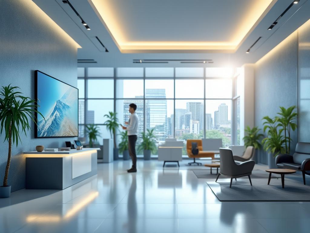 Oficina moderna con ventana panorámica y vista a la ciudad, decorada con plantas, muebles elegantes y una pantalla grande mostrando un paisaje, junto a una persona de pie observando.