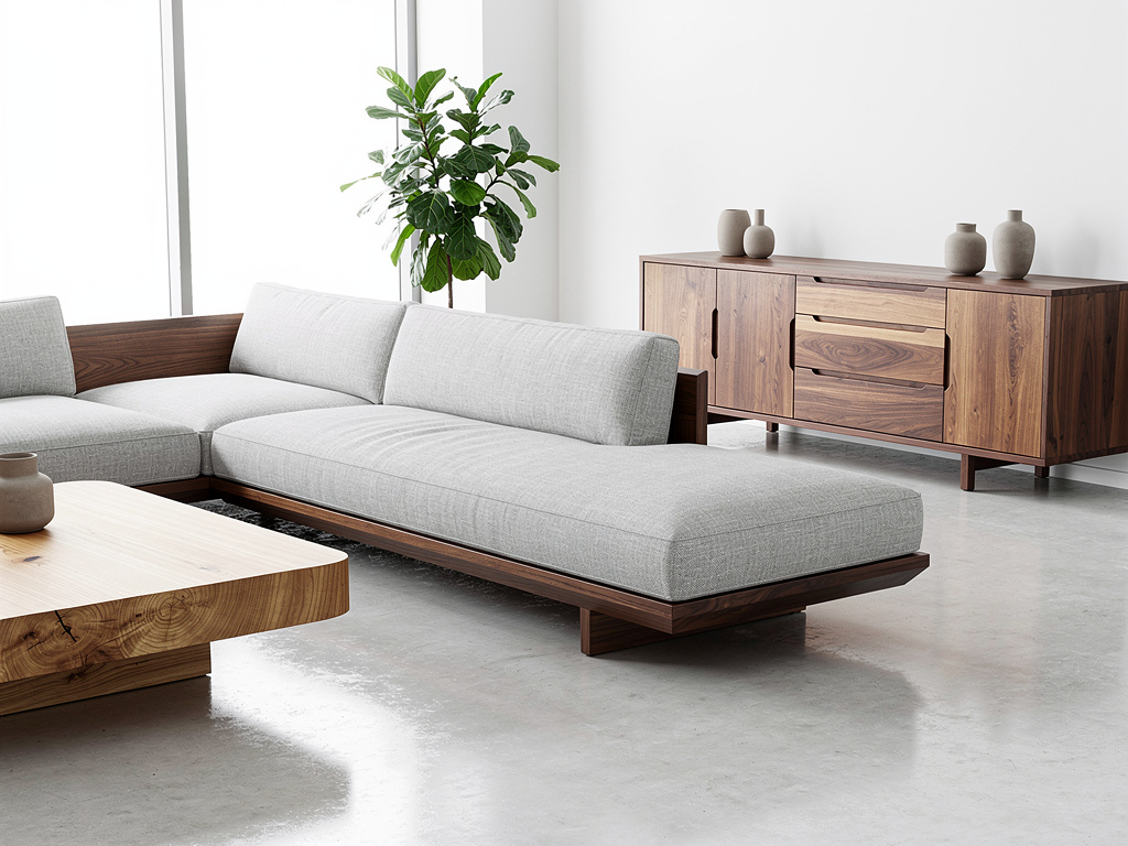 Modern minimalist living room with gray sectional sofa, wooden coffee table, walnut sideboard, decorative vases, and indoor plant