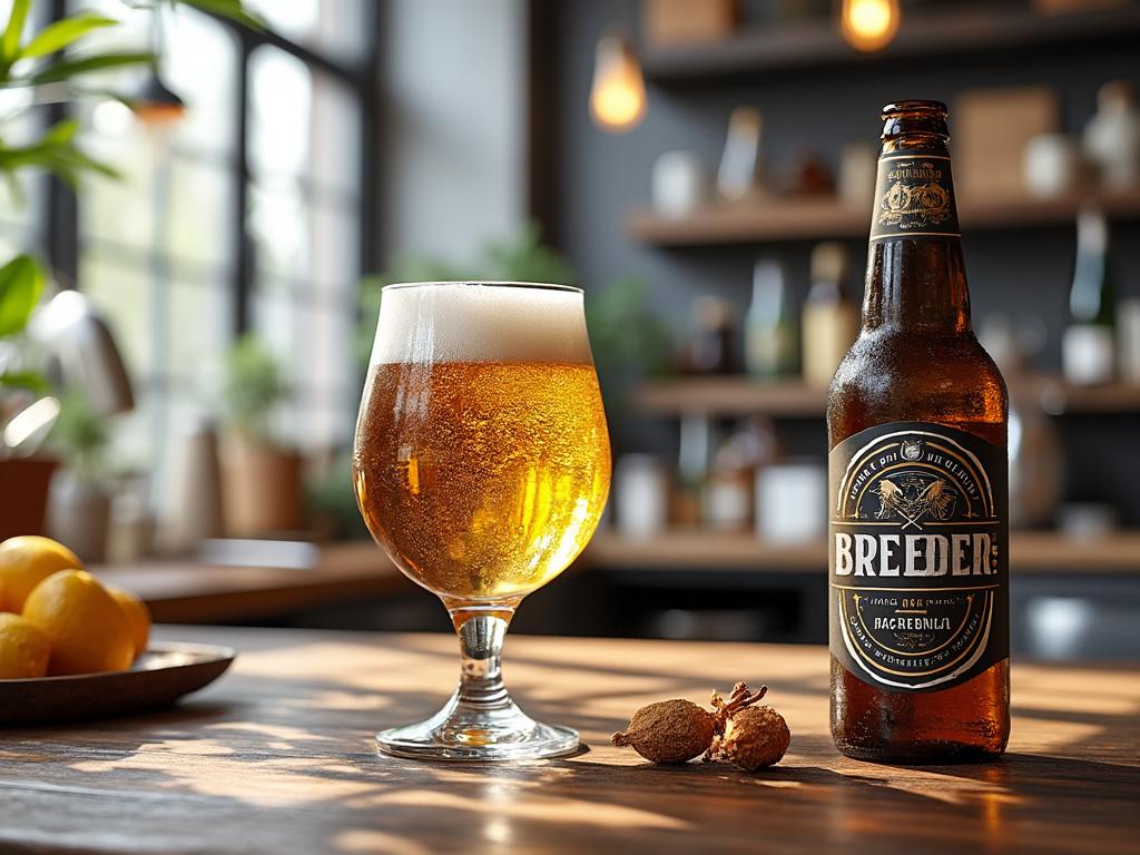 Botella de cerveza artesanal junto a un vaso lleno en una mesa de madera, rodeado de luz natural y decoraciones de cocina.