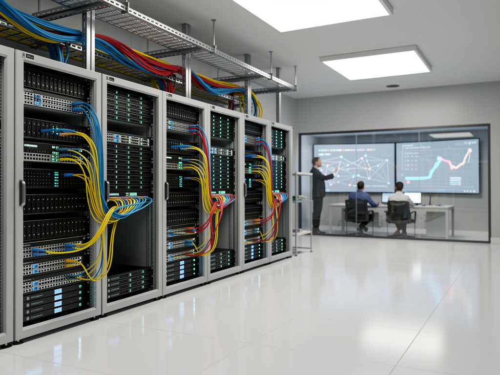 Centro de datos moderno con racks de servidores, cables de red multicolor y sala de monitoreo con gráficos en pantallas