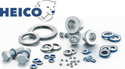 Heico fasteners and locking systems, including washers, nuts, screws, and bolts displayed on a light surface with company logo.