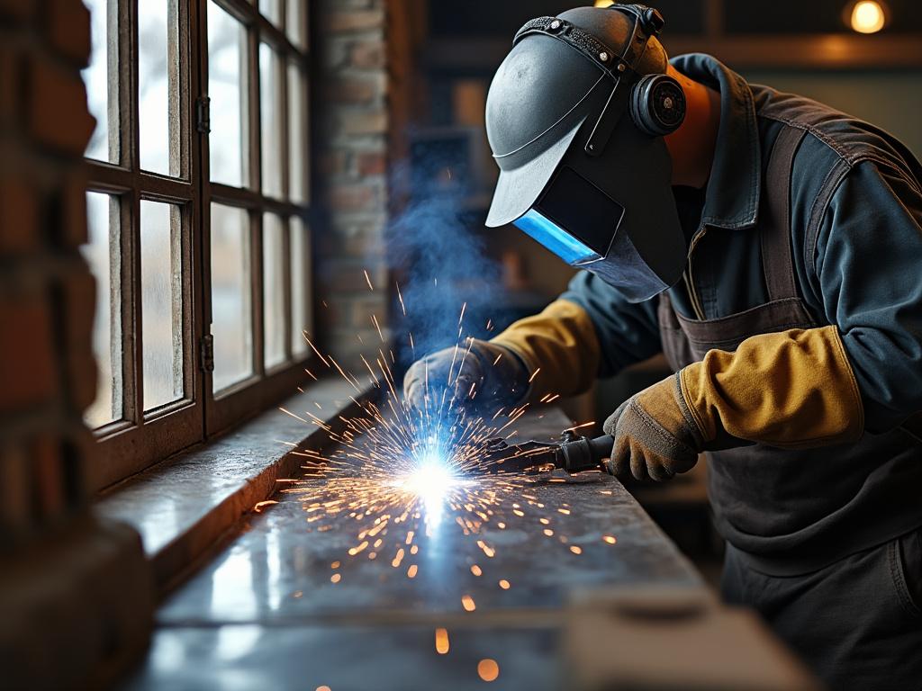 Soldador trabajando en una mesa de metal con chispas volando, usando casco de protección y guantes en un taller iluminado.