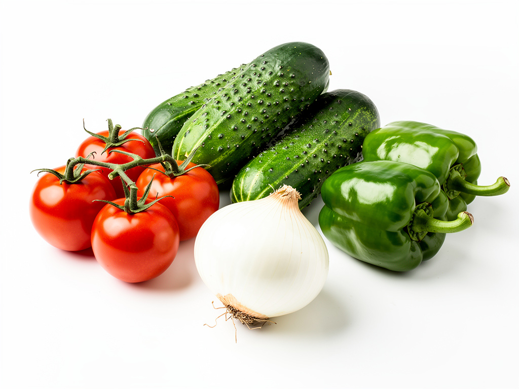 Verduras frescas con tomates, pepinos, pimientos verdes y cebolla blanca sobre fondo blanco Verduras frescas con tomates, pepinos, pimientos verdes y cebolla blanca sobre fondo blanco