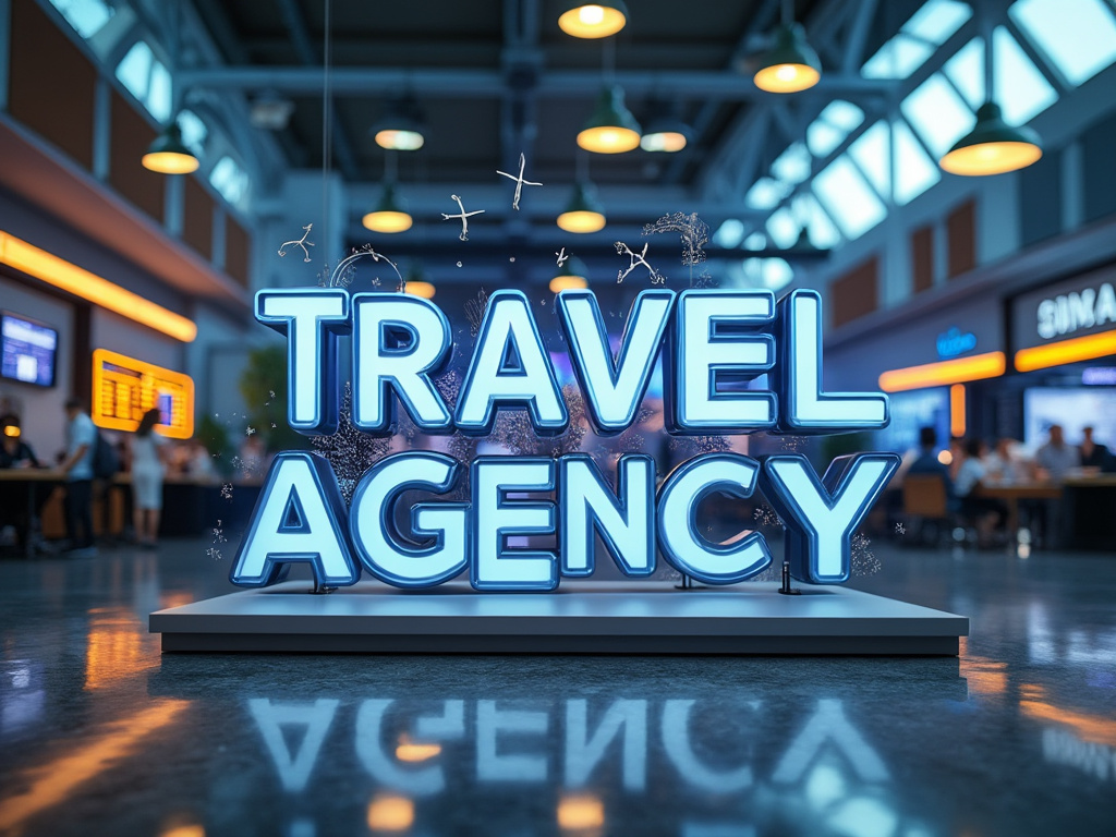Letrero iluminado de 'Travel Agency' en un espacio moderno y abierto con viajeros de fondo.