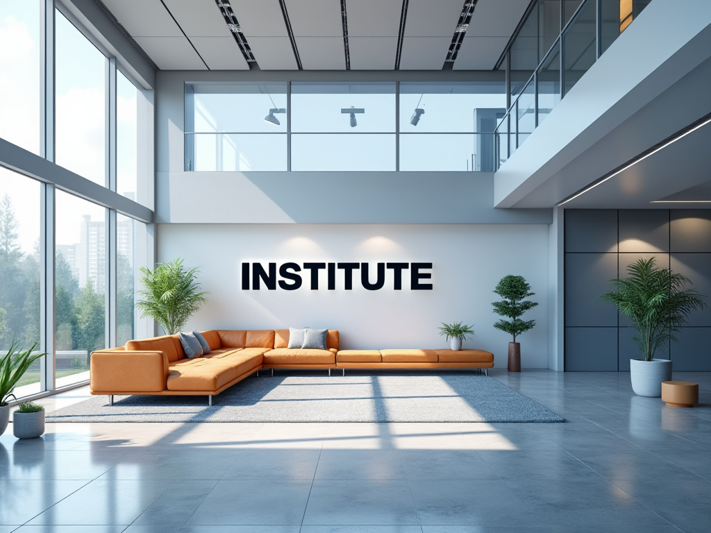 Espacio moderno y luminoso del instituto con sofá naranja, plantas y grandes ventanas.