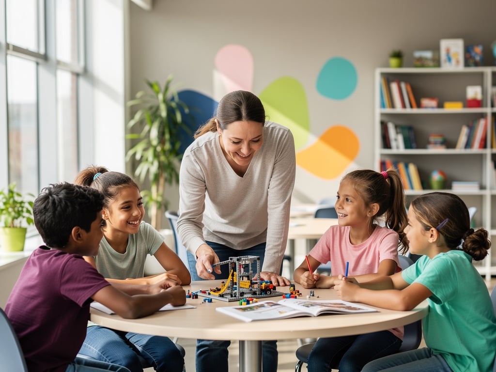 Profesora guiando a niños en actividad STEM con piezas de robótica en aula moderna