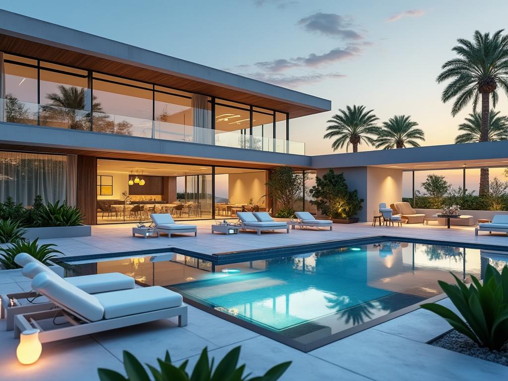 Casa moderna de lujo con piscina, tumbonas, plantas y palmeras al atardecer.