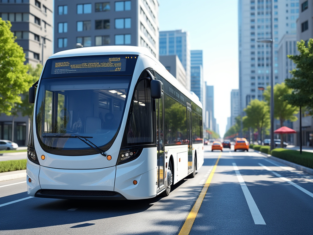 Autobús urbano eléctrico blanco circulando por una avenida moderna con edificios altos, árboles y tráfico en la ciudad