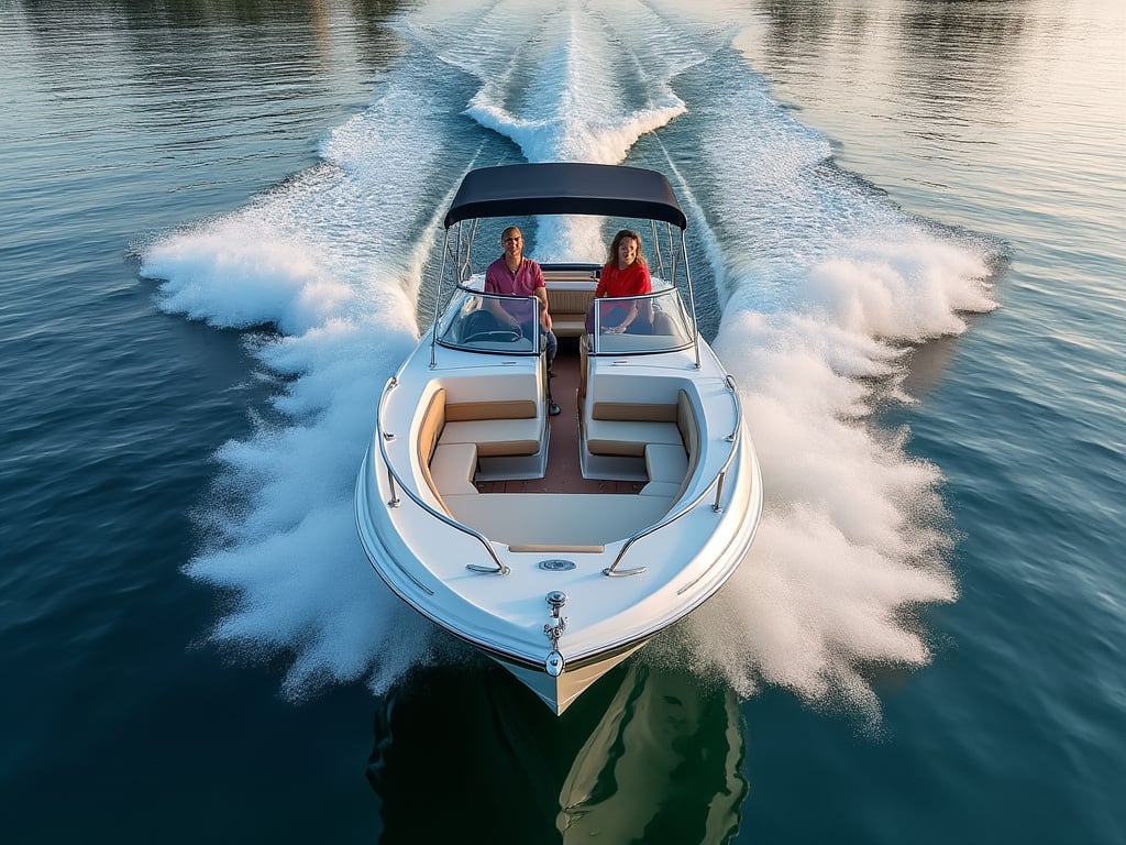 A motorboat speeding on clear blue water, creating a wake, with two people enjoying the ride on a sunny day.