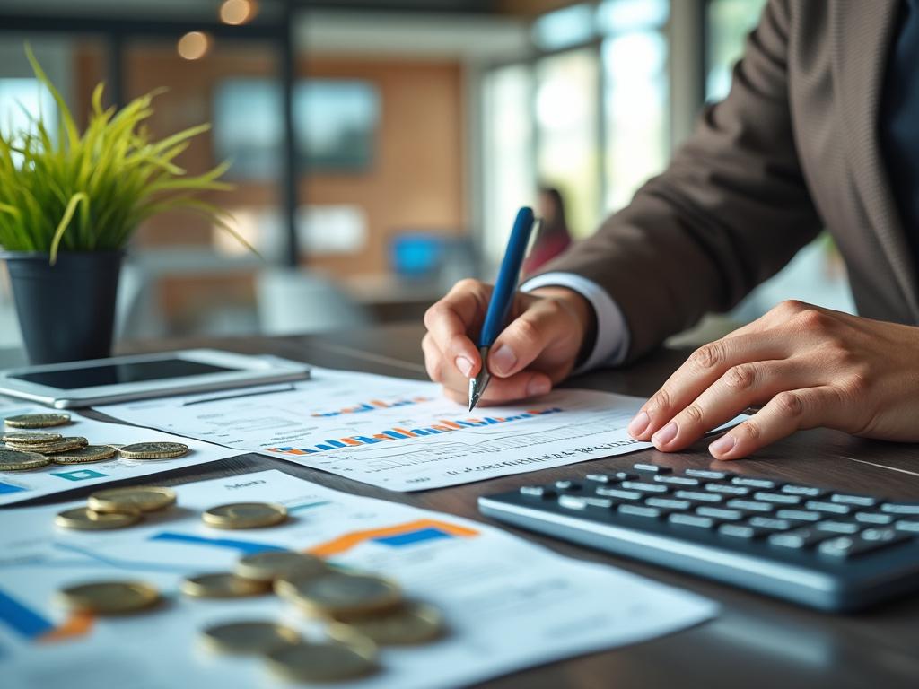 Persona revisando gráficos financieros en oficina, con calculadora, monedas y planta en primer plano.