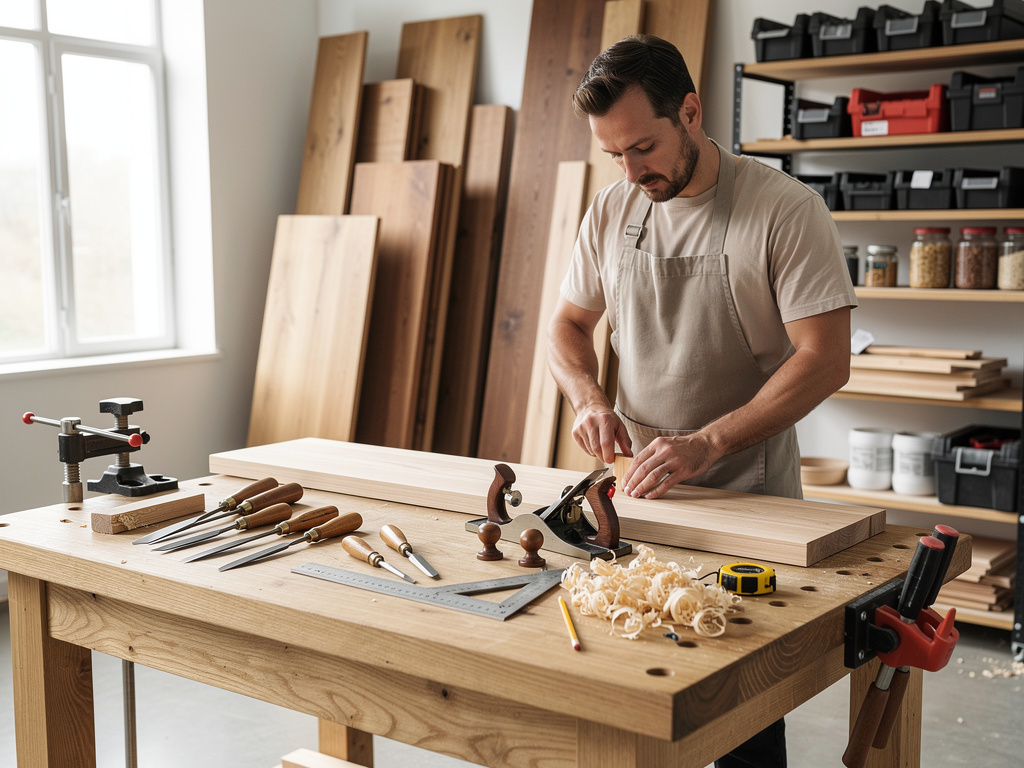 Carpintero trabajando una tabla de madera en un taller con herramientas de carpintería y bancos de trabajo