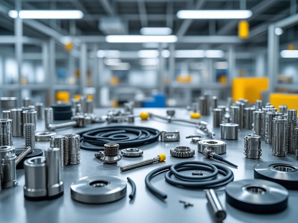 Componentes industriales metálicos y cables en una mesa de trabajo en un entorno de fábrica moderna.