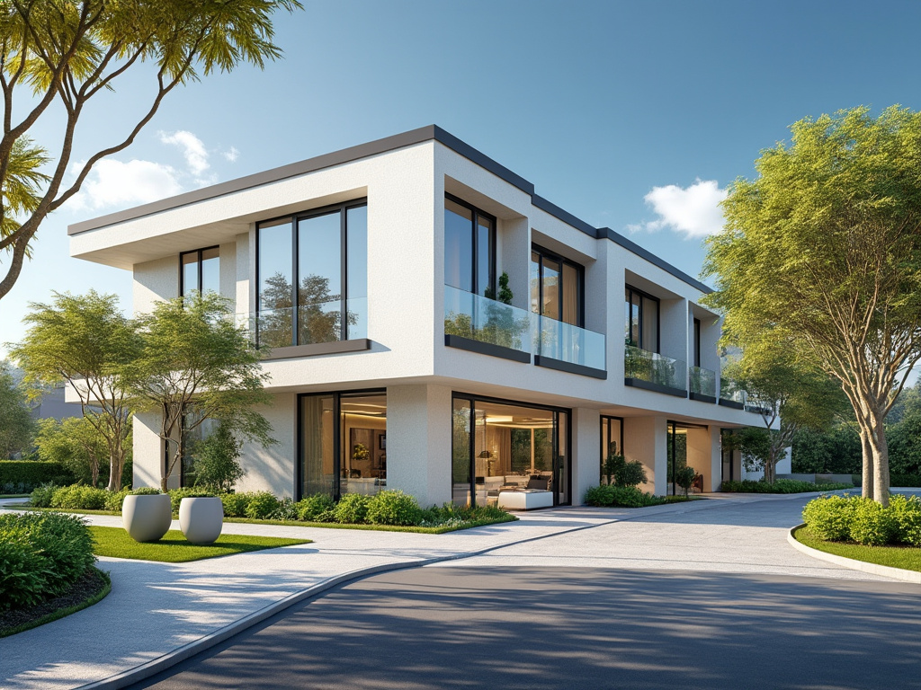 Casa moderna de dos pisos con grandes ventanales y jardín bien cuidado. Casa moderna de dos pisos con grandes ventanales y jardín bien cuidado.