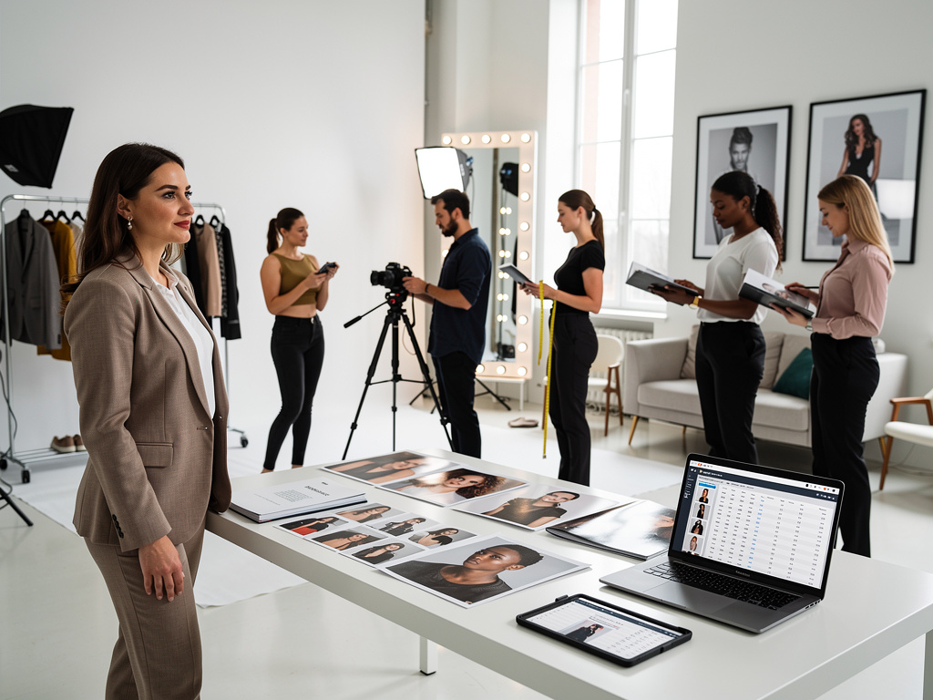 Fashion model casting studio with photographers, stylists, headshots, and laptop portfolio review
