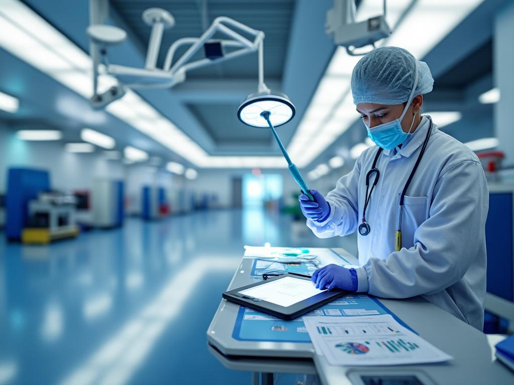 Profesional médico en sala de operaciones usando tablet, con equipo quirúrgico moderno.
