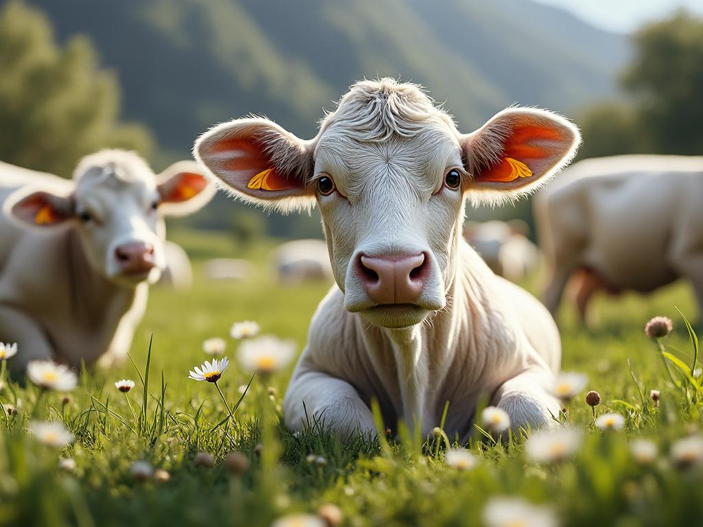 Vaca blanca descansando en un prado verde con margaritas, montañas al fondo.
