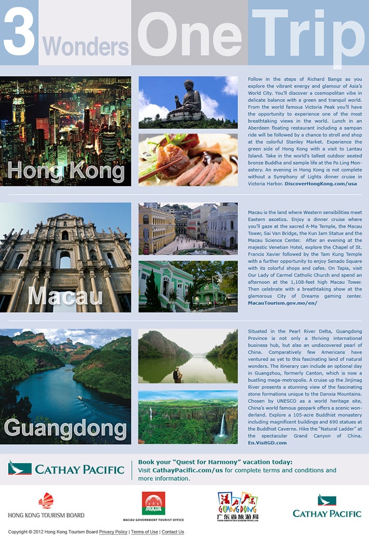 Landing page promoting a multiple destination trip for Hong Kong Tourism Board