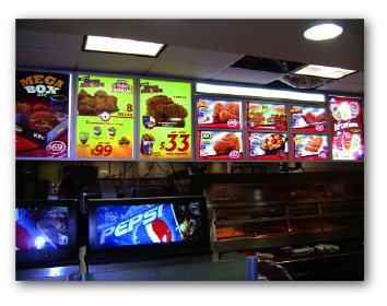 Diseño de publicidad para restaurante KFC, desde menúes hasta promocionales, fijos y señaletica.