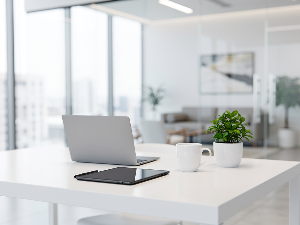 Escritorio moderno de oficina con portátil, tableta, taza blanca y planta en maceta