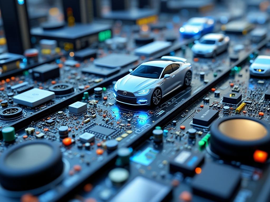 Coche en miniatura sobre placa de circuito de tecnología con luces LED azules y componentes electrónicos.
