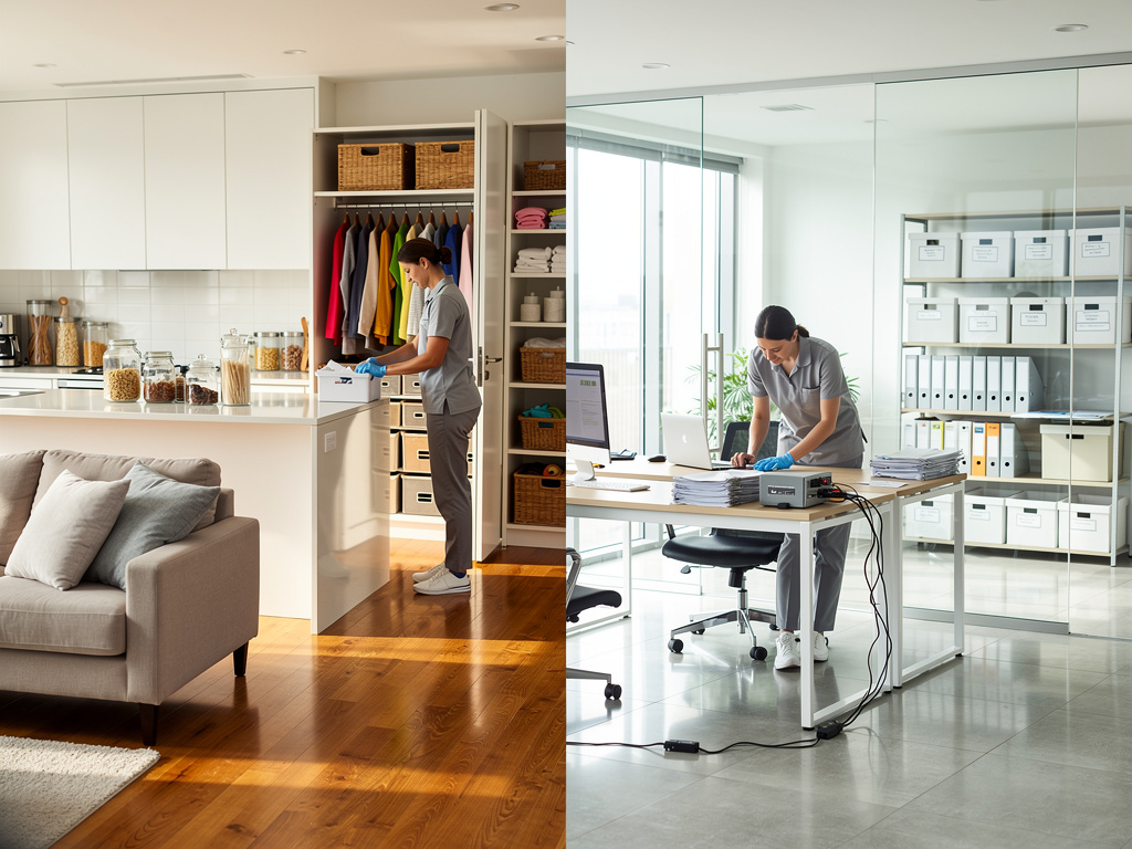 Professional organizer working in a tidy home closet and office storage space with labeled boxes and documents Professional organizer working in a tidy home closet and office storage space with labeled boxes and documents