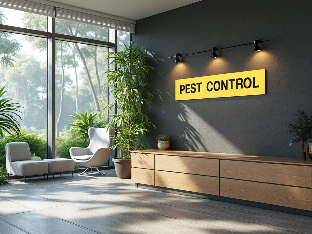 Interior moderno con letrero amarillo de 'Pest Control' en la pared, plantas grandes y sillón junto a ventana.