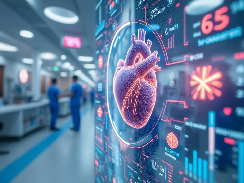 Digital display of a human heart with medical data in a futuristic hospital setting, nurses in the background.