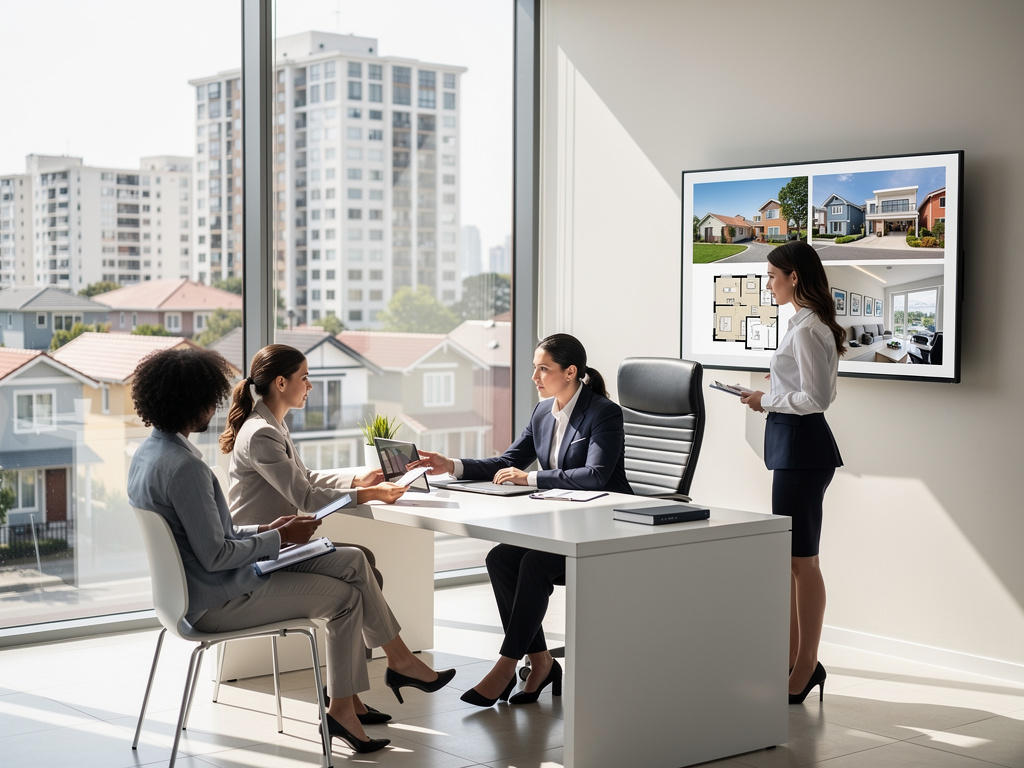 Reunión de agentes inmobiliarios con clientes en oficina moderna mostrando propiedades y planos en pantalla