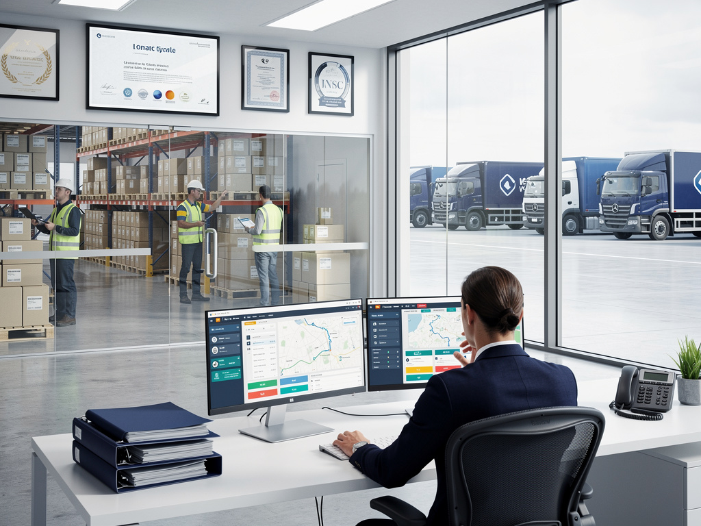 Oficina logística moderna con operadora monitoreando rutas en pantallas, almacén con trabajadores y camiones de carga al exterior Oficina logística moderna con operadora monitoreando rutas en pantallas, almacén con trabajadores y camiones de carga al exterior