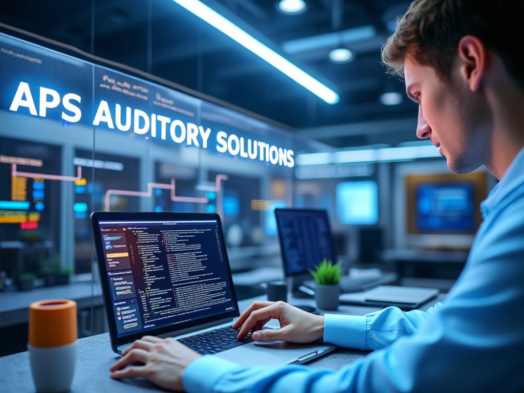 Hombre joven trabajando en una computadora portátil con código en pantalla en una oficina moderna con letrero de 'APS Auditory Solutions'.