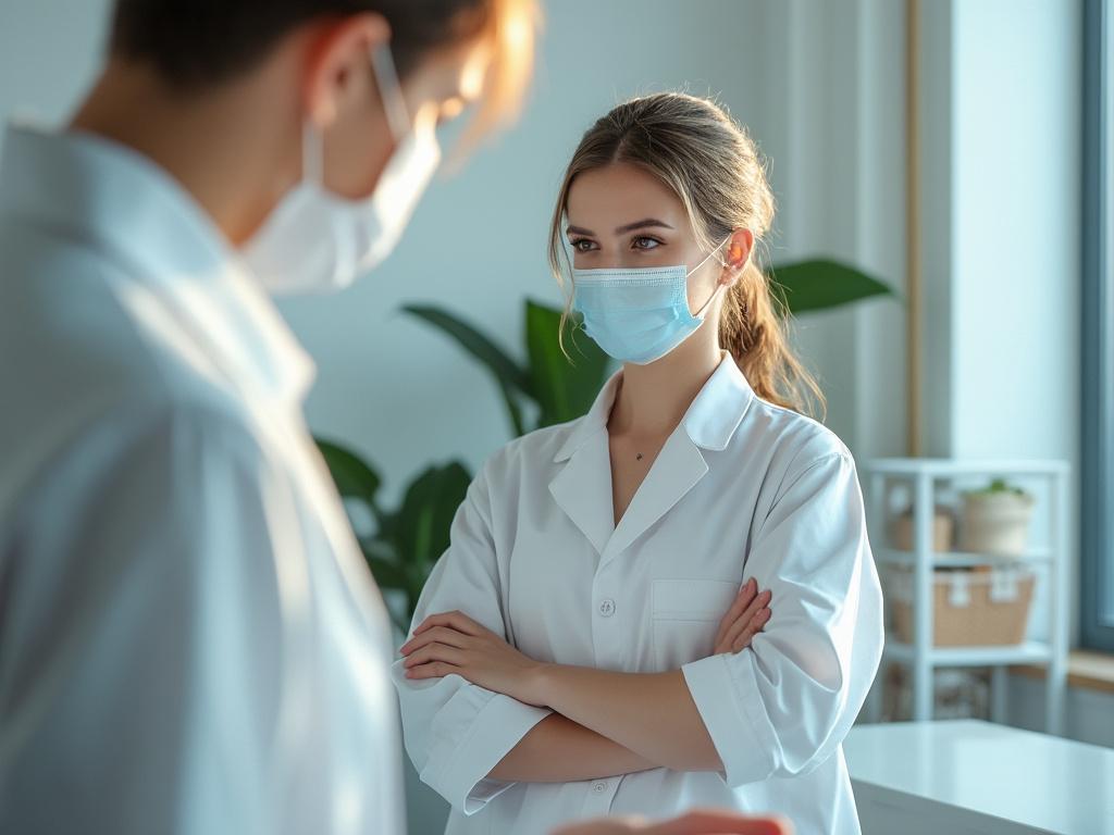 Profesionales de la salud con mascarillas conversando en un entorno clínico iluminado.