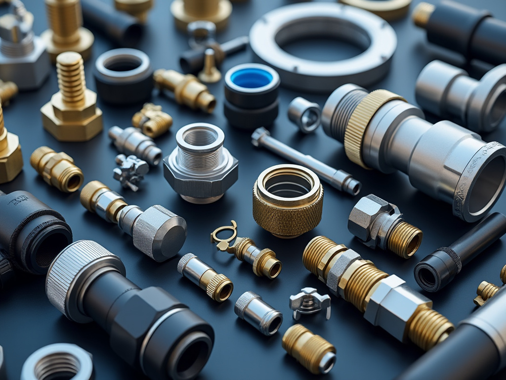 Assorted brass and steel plumbing fittings and connectors on a dark surface.